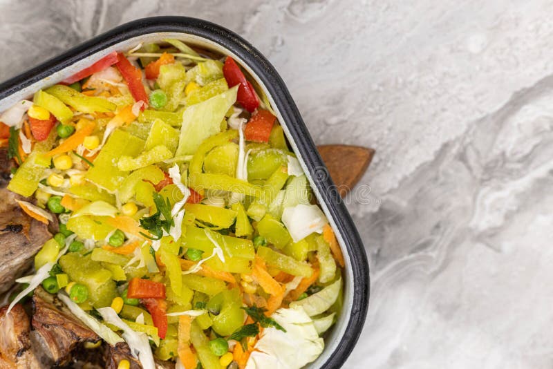 Pork Ribs and Chops with Vegetables with Copy Space Stock Photo Image