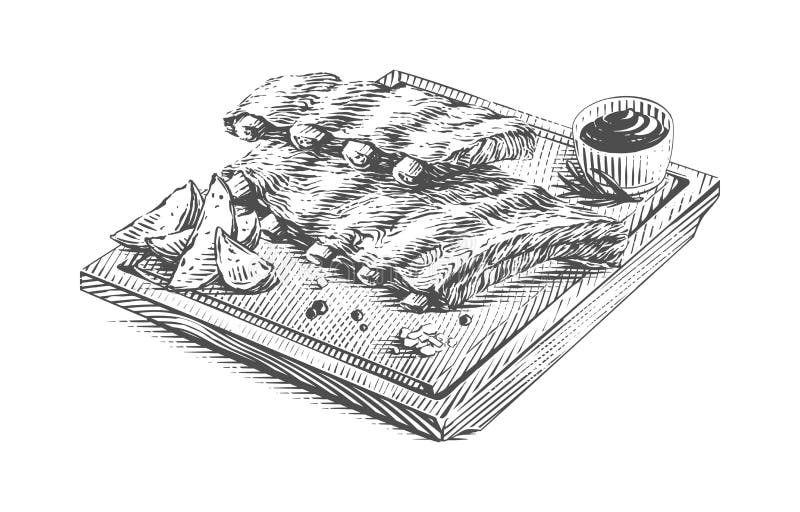 Pork Ribs on Cutting Board Hand Drawing Sketch Engraving Illustration