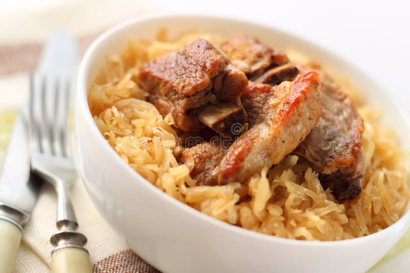 Pork Ribs Baked with Sauerkraut Stock Photo Image of closeup
