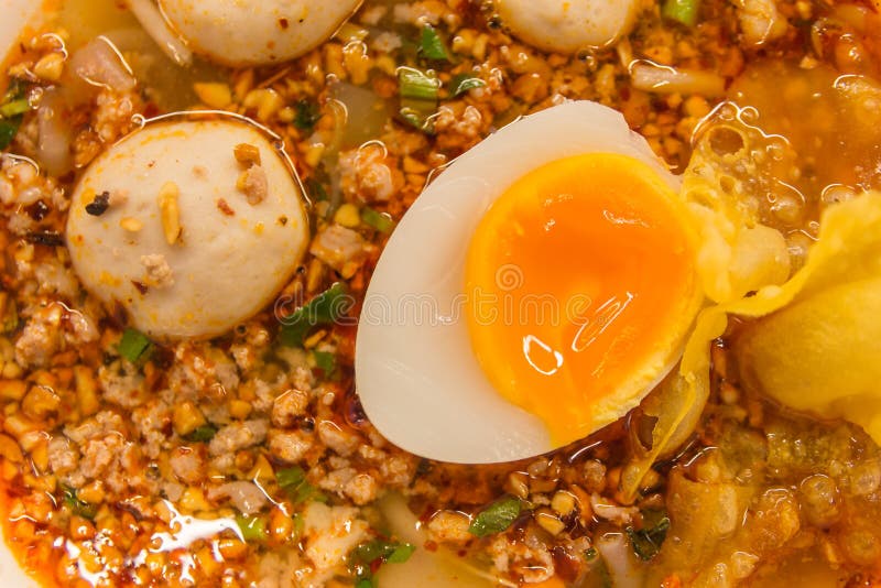Pork Rice Noodle Soup with Meat Ball, Egg and Vegetable Stock Photo