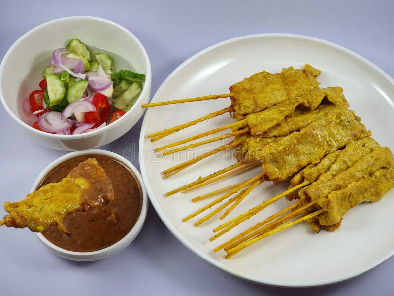 Pork Satay Kebab with Some Vegetables and Sauce Stock Photo Image of