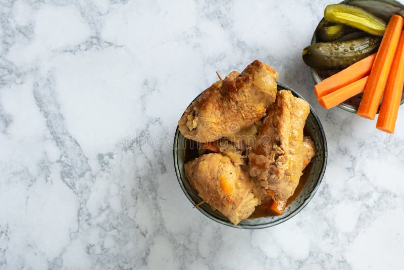 Pork slips in gravy stock photo. Image of gravy, fried 162131442