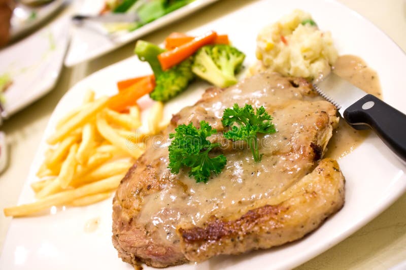 Pork Steak with Pepper Creame Sauce on White Dish Stock Image Image