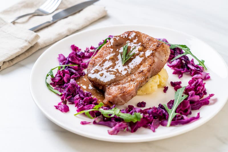 Pork Steak with Red Cabbage and Mashed Potatoes Stock Photo Image of