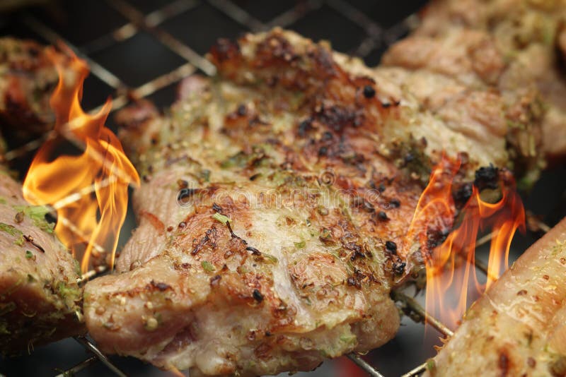 Pork Steaks on the Grill with Flames Stock Image Image of grilled