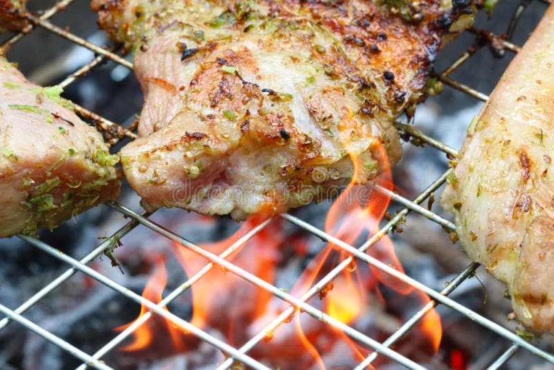 Pork Steaks on the Grill with Flames Stock Photo Image of camping