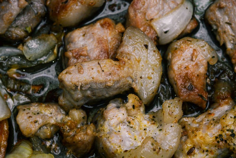 Pork Stew. Pieces of Fried Meat Closeup. Cooking Dinner Stock Image