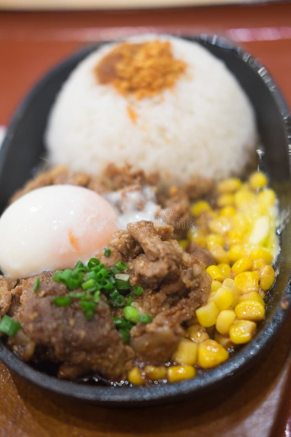 Pork Teppanyaki with Egg and Corn in Hot Plate Stock Photo Image of