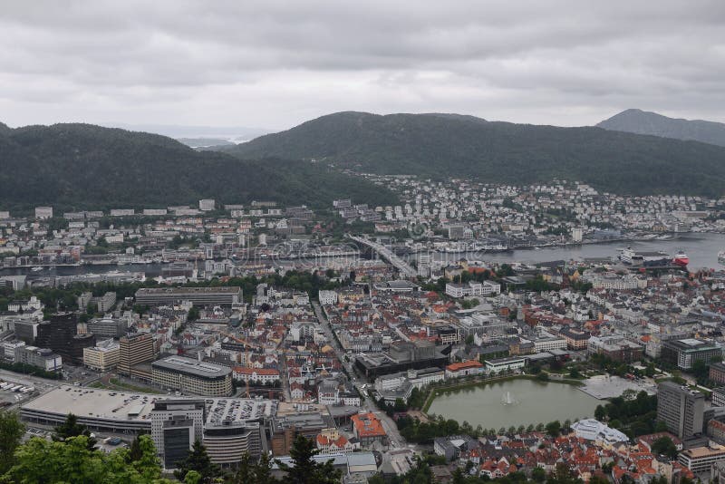 Port city, top view. Bergen, Norway