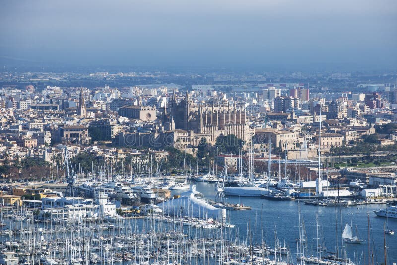 Palma de Mallorca Port: Harbour and cathedral, view from bellver castle. Palma de Mallorca Port: Harbour and cathedral, view from bellver castle