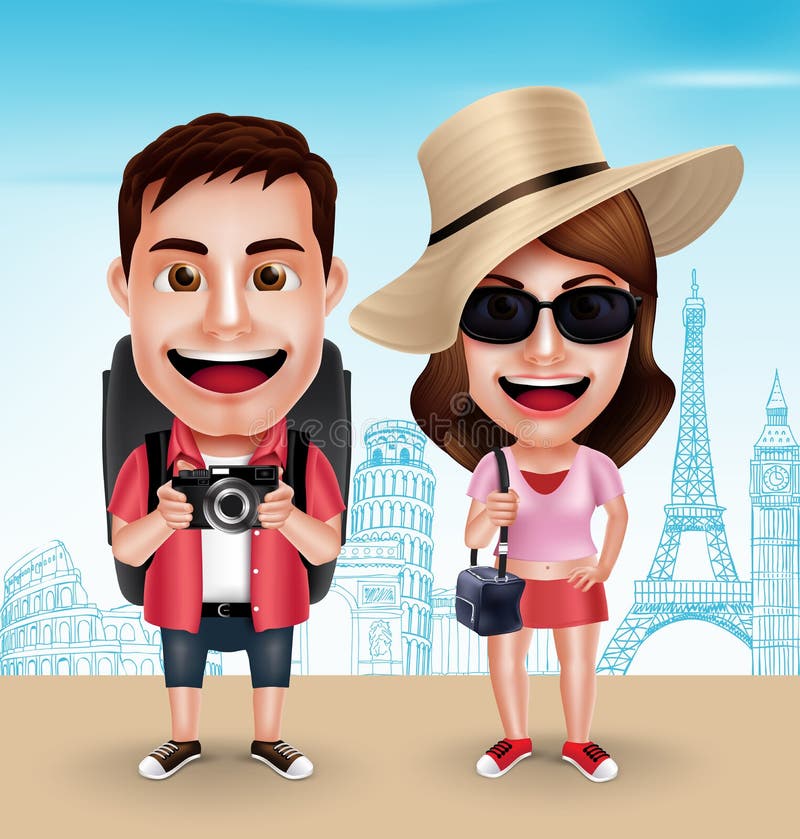 Port de touristes de caractères de vecteur de couples de voyageur occasionnel avec des sacs de déplacement illustration stock Port de touristes de caractères de vecteur de couples de voyageur occasionnel avec des sacs de déplacement illustration stock