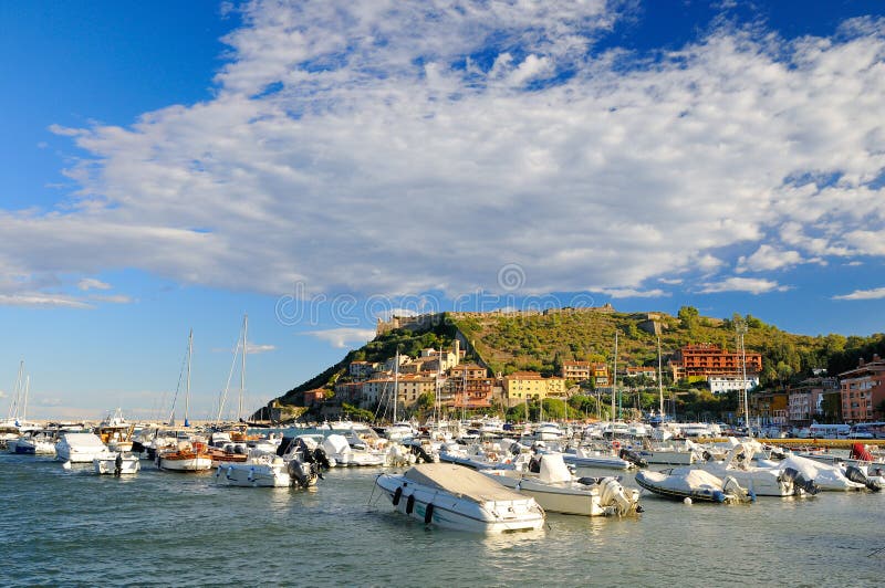 Porto Ercole Village and Harbor in a Sea Bay. Aerial View, Argentario