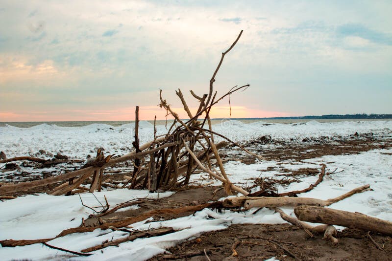Port Stanley Beach in Winter at Sunset. Ontario Canada Photograph Stock