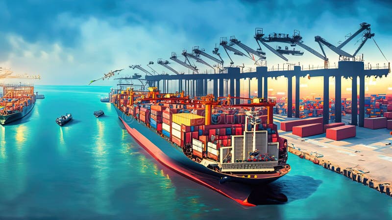 Portul în care navele de marfă încarcă și descarcă mărfuri container de ridicare macarale și operațiuni logistice care sprijină co stock illustration