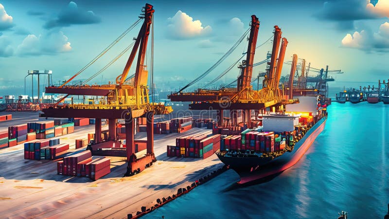 Portul în care navele de marfă încarcă și descarcă mărfuri container de ridicare macarale și operațiuni logistice care sprijină co royalty free illustration