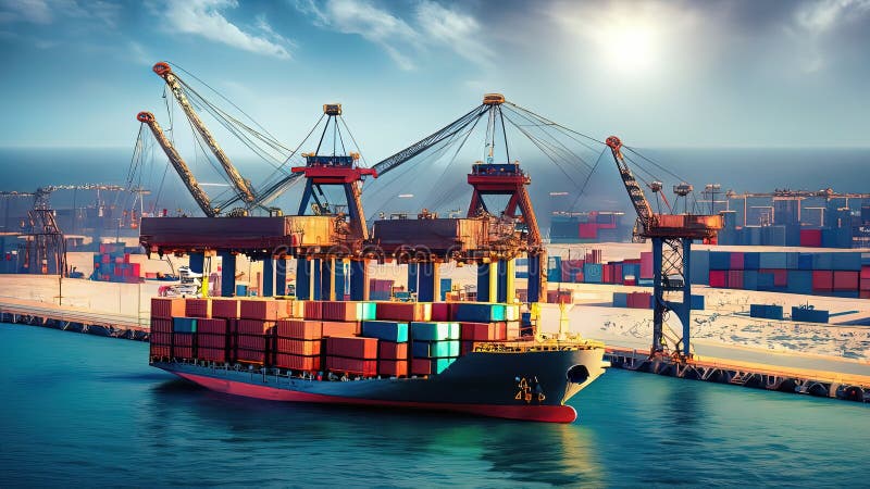 Portul în care navele de marfă încarcă și descarcă mărfuri container de ridicare macarale și operațiuni logistice care sprijină co royalty free illustration