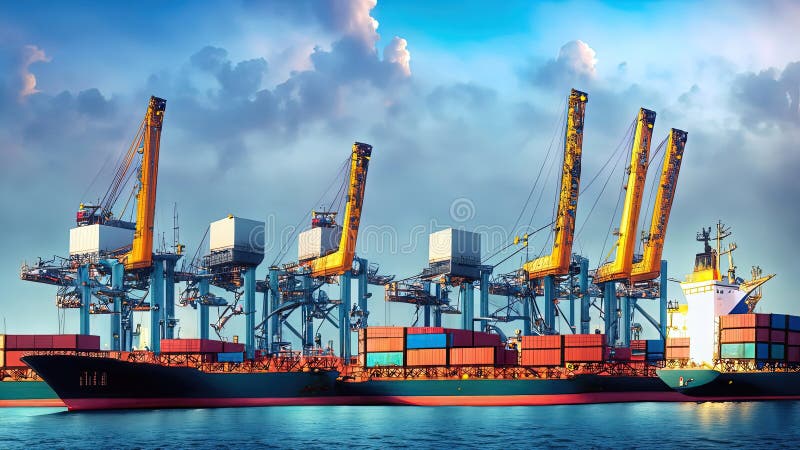 Portul în care navele de marfă încarcă și descarcă mărfuri container de ridicare macarale și operațiuni logistice care sprijină co stock illustration