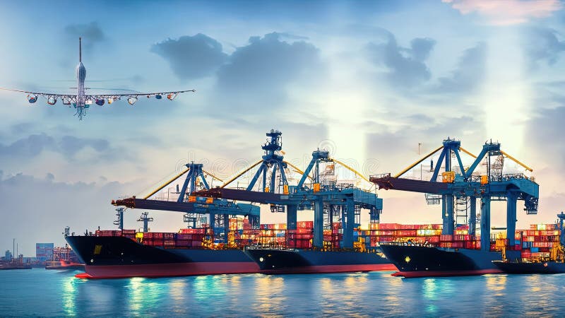 Portul în care navele de marfă încarcă și descarcă mărfuri container de ridicare macarale și operațiuni logistice care sprijină co vector illustration