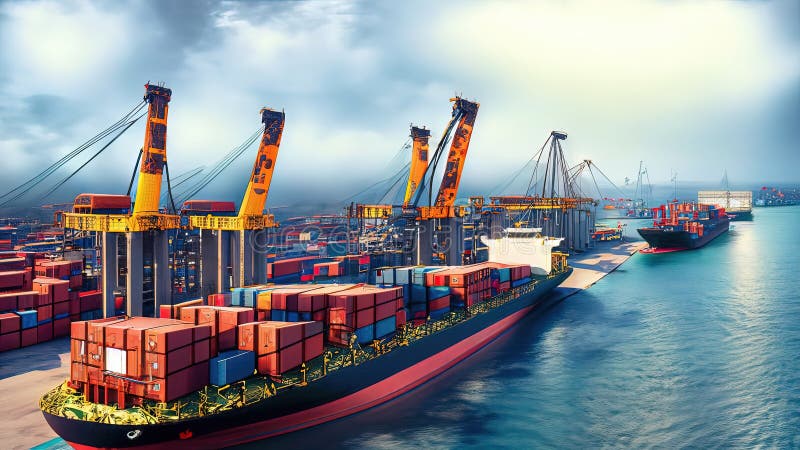 Portul în care navele de marfă încarcă și descarcă mărfuri container de ridicare macarale și operațiuni logistice care sprijină co stock illustration