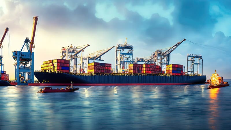 Portul în care navele de marfă încarcă și descarcă mărfuri container de ridicare macarale și operațiuni logistice care sprijină co royalty free illustration