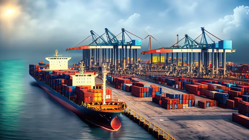 Portul în care navele de marfă încarcă și descarcă mărfuri container de ridicare macarale și operațiuni logistice care sprijină co stock illustration