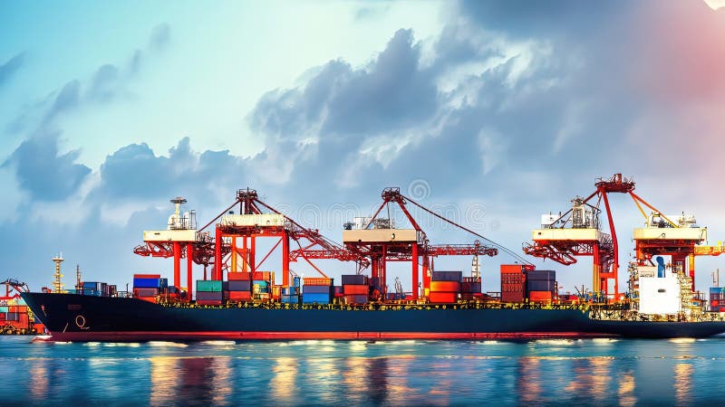 Portul în care navele de marfă încarcă și descarcă mărfuri container de ridicare macarale și operațiuni logistice care sprijină co vector illustration