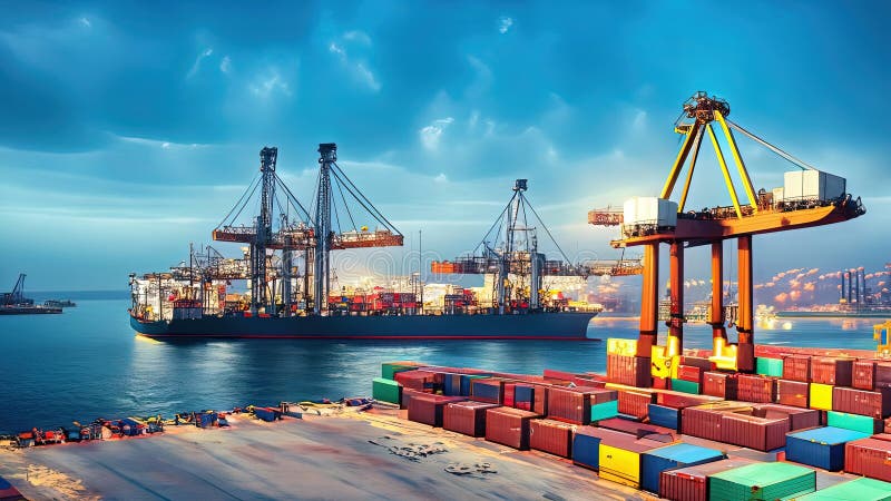 Portul în care navele de marfă încarcă și descarcă mărfuri container de ridicare macarale și operațiuni logistice care sprijină co stock illustration