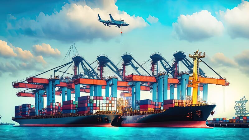 Portul în care navele de marfă încarcă și descarcă mărfuri container de ridicare macarale și operațiuni logistice care sprijină co vector illustration
