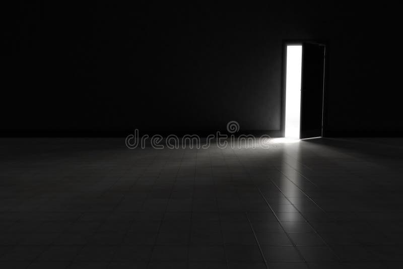 Porta aperta a stanza scura con luce intensa che splende dentro Fondo illustrazione di stock Porta aperta a stanza scura con luce intensa che splende dentro Fondo illustrazione di stock