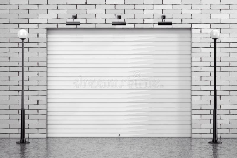 Porta del portone della saracinesca del garage con il muro di mattoni e la via Ligh illustrazione di stock Porta del portone della saracinesca del garage con il muro di mattoni e la via Ligh illustrazione di stock