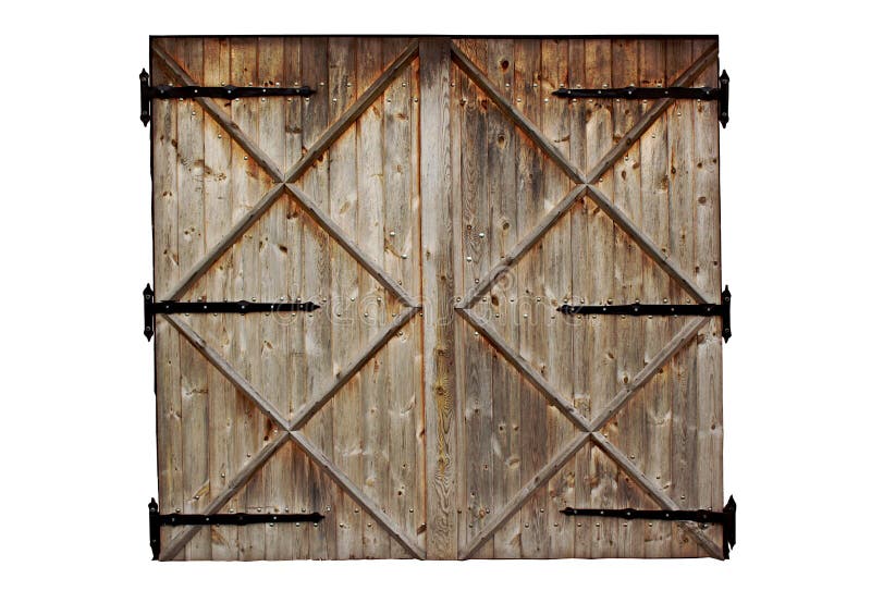 Porta di legno del paese del vecchio granaio isolata su bianco