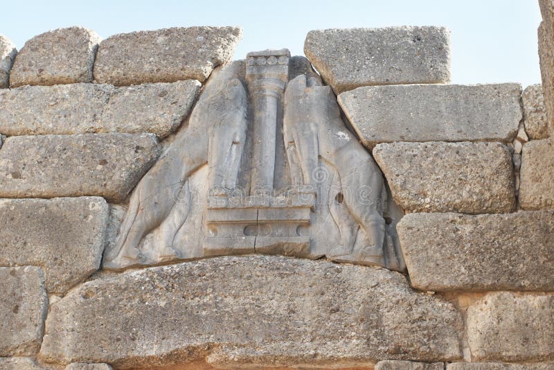 Greece, Mycenae. Bas-relief with lions above lion's gate. Greece, Mycenae. Bas-relief with lions above lion's gate