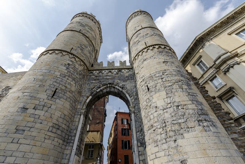 Porta Soprana walls of medieval center of Genoa Italy