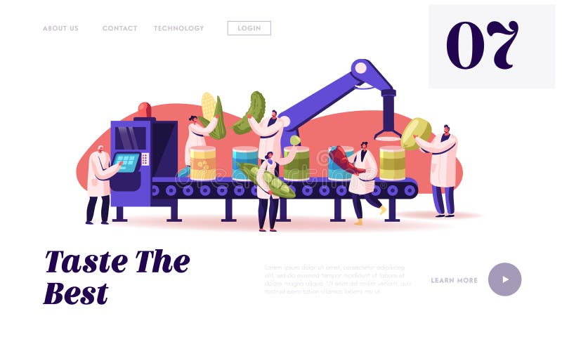 Portaalpagina van de website van het productieproces in de fabriek Productie van groenten in blik Werknemers met verse vegetaties royalty-vrije illustratie Portaalpagina van de website van het productieproces in de fabriek Productie van groenten in blik Werknemers met verse vegetaties royalty-vrije illustratie