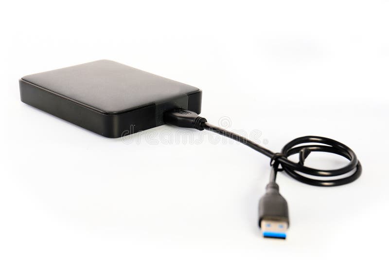 Portable External HDD Hard Disk Drive with USB Cable on White Ba Stock