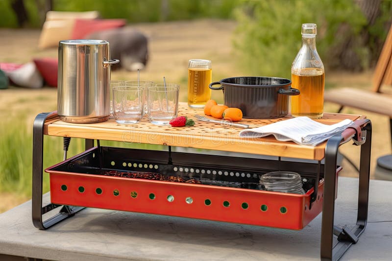 Portable Grill on a Picnic Table with Plates, Flatware, and Drinks