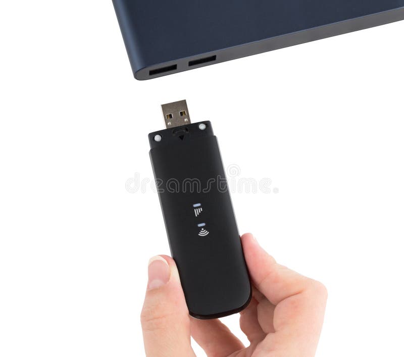Portable usb modem and hand on a white background. stock photography