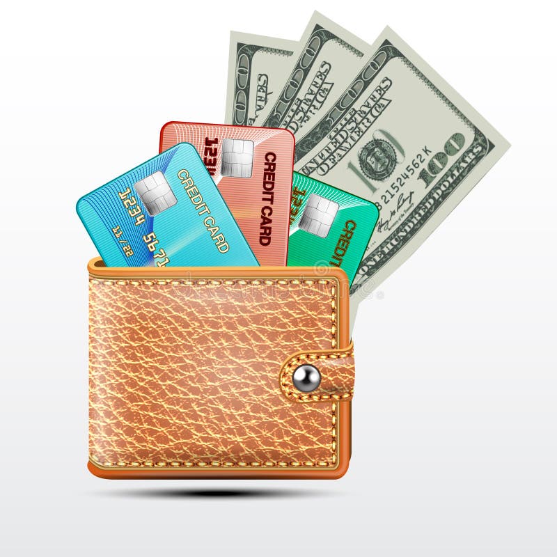 Portafoglio di cuoio con le carte di credito, dollari di U.S.A. royalty illustrazione gratis Portafoglio di cuoio con le carte di credito, dollari di U.S.A. royalty illustrazione gratis