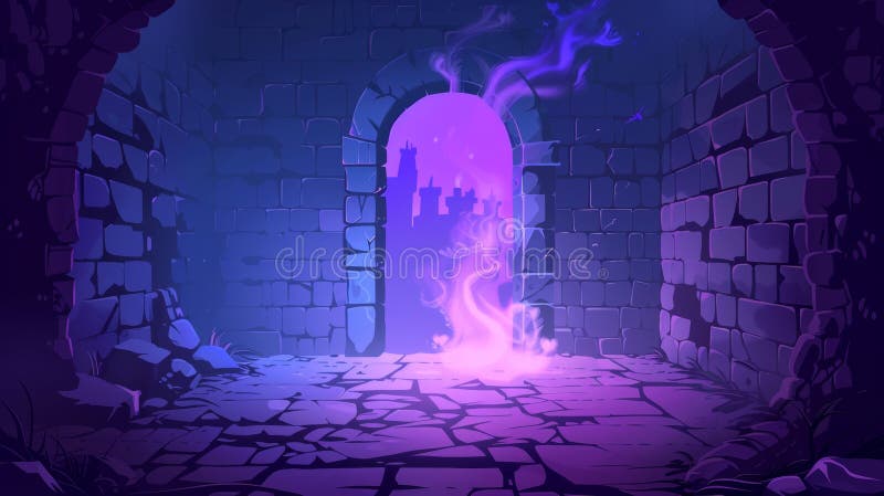 A portal door in an abandoned magic castle fantasy game background. A spooky medieval palace room with a steam doorway stock photography