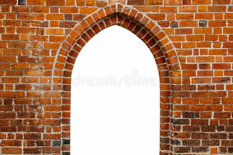 Portal door arch way window frame filled with white in the center of ancient red orange brick wall