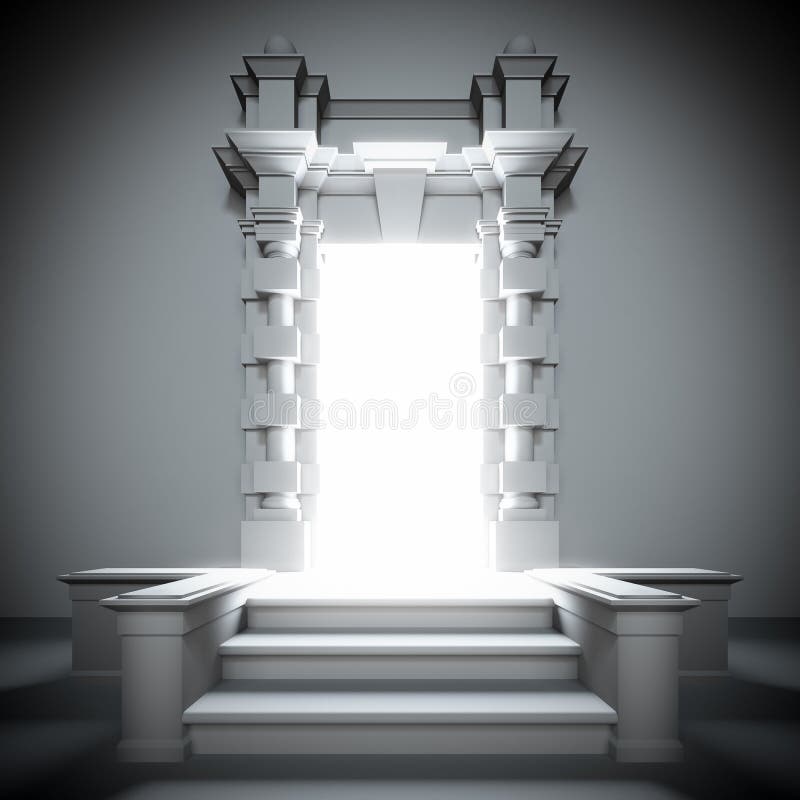 Portale bianco a futuro con indicatore luminoso luminoso. illustrazione di stock Portale bianco a futuro con indicatore luminoso luminoso. illustrazione di stock