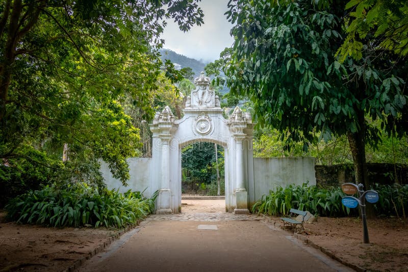 Rio de Janeiro, Brazil - Oct 29, 2017: Portal and Ruins of the former Gunpowder Factory at Jardim Botanico Botanical Garden - Rio de Janeiro, Brazil. Rio de Janeiro, Brazil - Oct 29, 2017: Portal and Ruins of the former Gunpowder Factory at Jardim Botanico Botanical Garden - Rio de Janeiro, Brazil