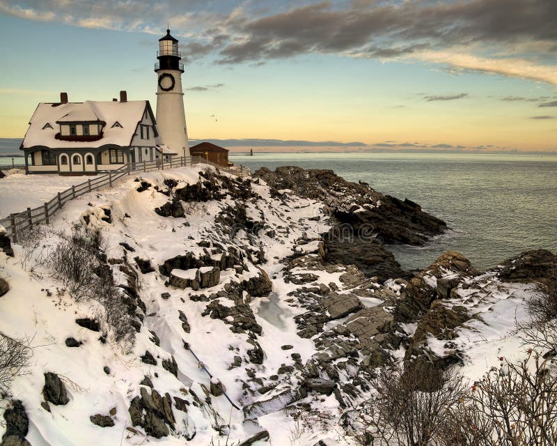 Portand Head Light at Sunset in Winter royalty free stock images Portand Head Light at Sunset in Winter royalty free stock images