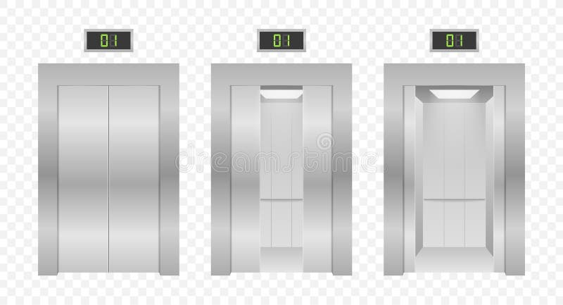 Portas elevadoras. elevador de fecho e abertura metálico no edifício de escritórios. ilustração de estoque vetorial