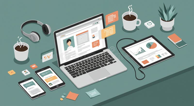 Portatile che visualizza un profilo digitale e grafici dati accompagnati da una tavoletta con illustrazione di stock