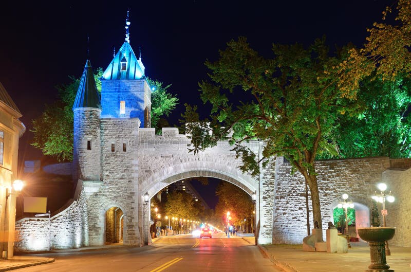 Porte Dauphine gate closeup at night in Quebec City. Porte Dauphine gate closeup at night in Quebec City