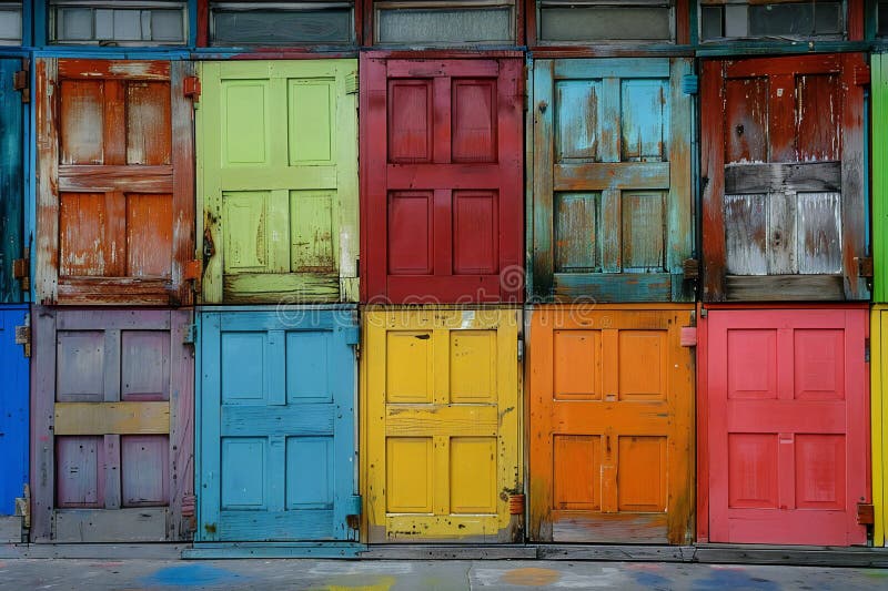 Porte di legno colorate sulla facciata di un edificio multicolore illustrazione di stock