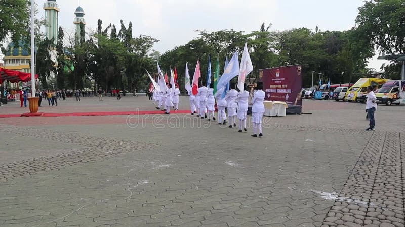 Porte-drapeau du parti divisé en 2 groupes dans le champ au festival électoral pacifique de bekasi