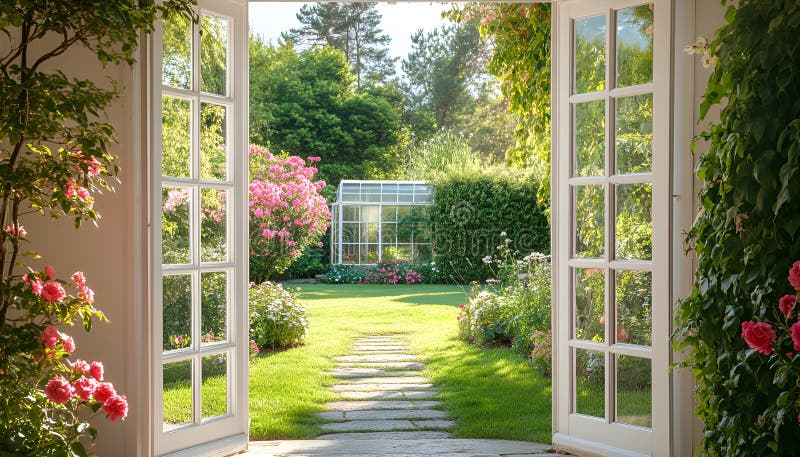 Porte francesi eleganti aperte a un giardino di cespuglio con fiori e luce del sole che fioriscono immagine stock libera da diritti