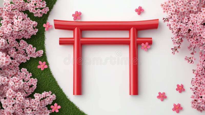 Porte rouge Torii entourée de fleurs de cerisiers et de verdure illustration stock